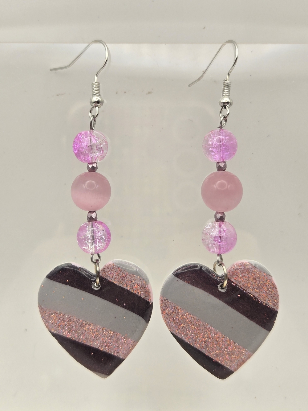 Pink Striped Heart Dangle Earrings for Women